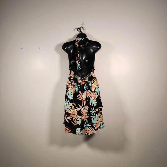 MADDEN NYC Black Beauty Plunge Halter Dress Juniors XL Black Pastel Tropical - Picture 3 of 11